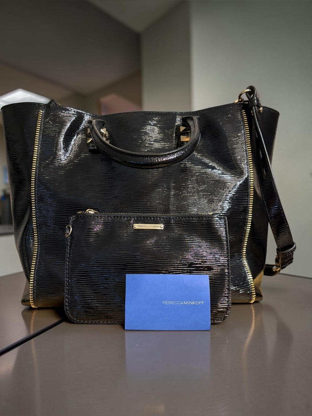 Rebecca Minkoff Black Textured Patent Leather Side-Zip Tote with Pouch